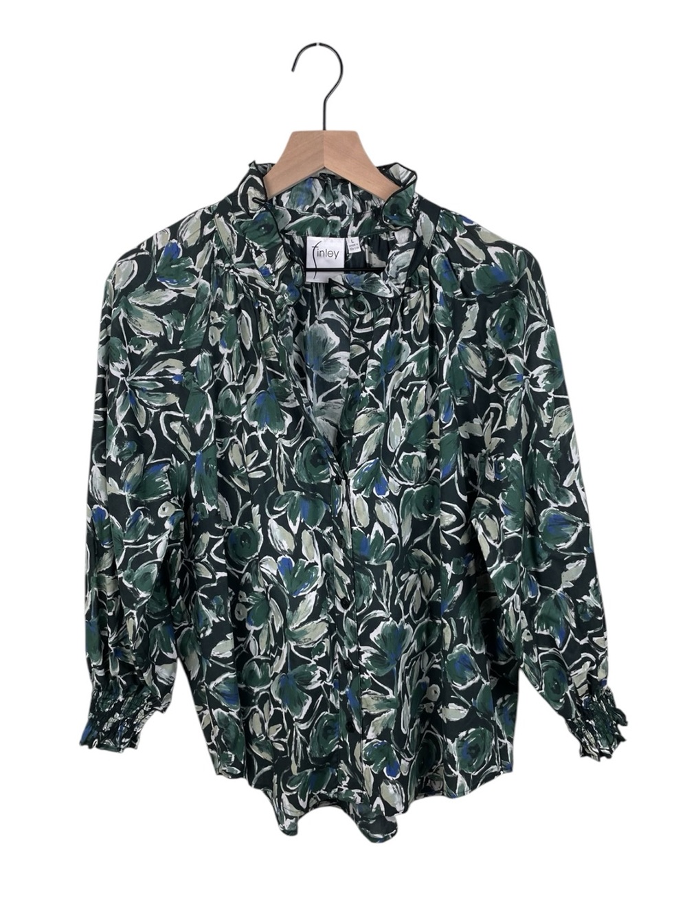 Finley Fiona Botanical Ruffle Blouse Size Large Dark Green Blue Cotton Whimsical